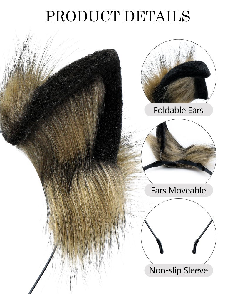 BNLIDES Handmade Fur Fox Wolf Cat Ears Headwear Women Men Cosplay Costume Party Cute Head Accessories for Halloween (Khaki Black) - Image 2