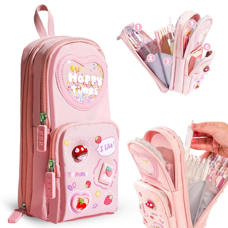 FINEMOE Canvas School Bag Pencil Case, 3 Layer 6 Compartment Large Capacity, Aesthetic Pencil Pouch for Stationary, Cute Stationery for Kids, Pencil Case for Girls & Boys, Gift for Children (Pink) - Image 1