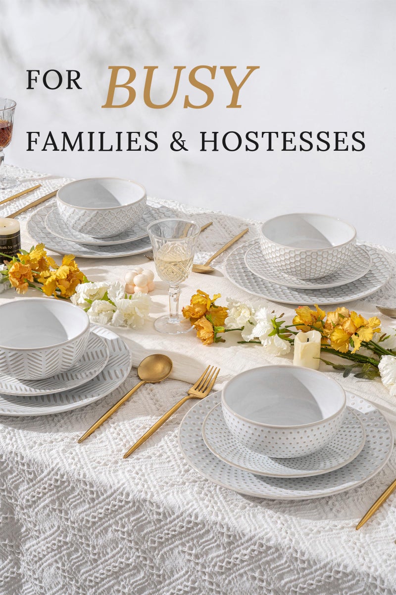 FOBENTA 12 Piece Embossed Dinnerware Sets for 4, Elegant Plates and Bowls Sets, Microwave & Dishwasher Safe, Stoneware for Stylish Home Diningâ€“Perfect Housewarming Gift for Busy Families & Hostesses - Image 4
