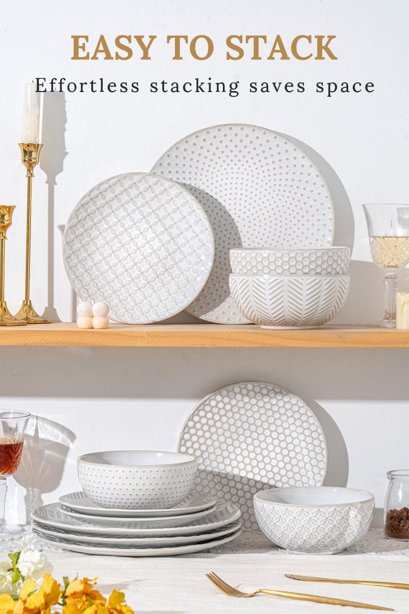 FOBENTA 12 Piece Embossed Dinnerware Sets for 4, Elegant Plates and Bowls Sets, Microwave & Dishwasher Safe, Stoneware for Stylish Home Diningâ€“Perfect Housewarming Gift for Busy Families & Hostesses - Image 5