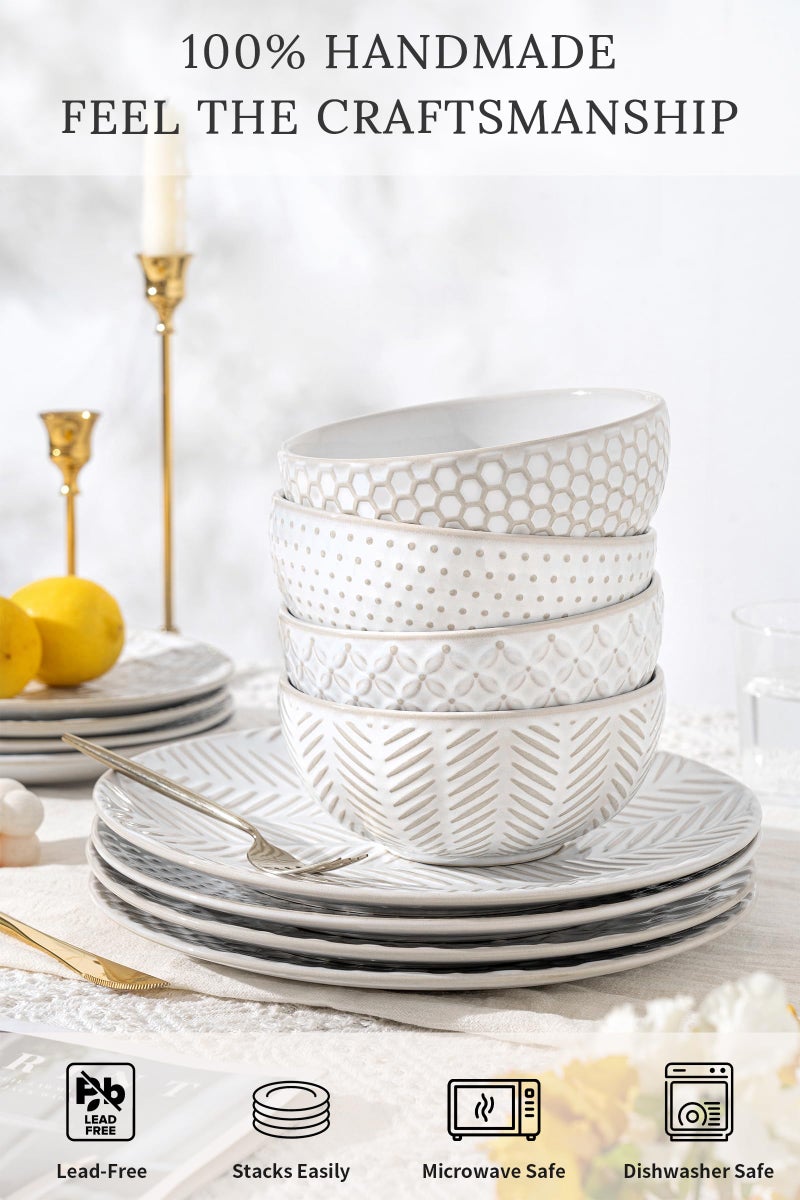 FOBENTA 12 Piece Embossed Dinnerware Sets for 4, Elegant Plates and Bowls Sets, Microwave & Dishwasher Safe, Stoneware for Stylish Home Diningâ€“Perfect Housewarming Gift for Busy Families & Hostesses - Image 3