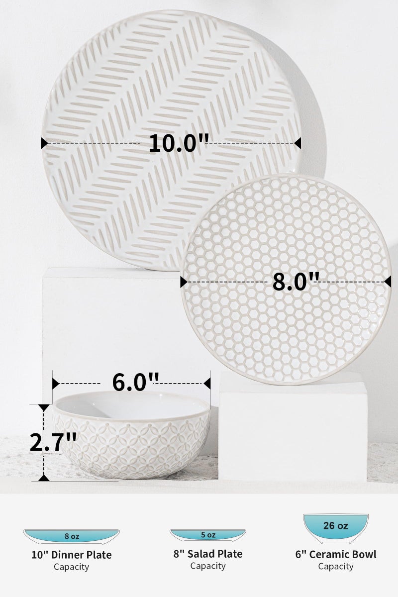 FOBENTA 12 Piece Embossed Dinnerware Sets for 4, Elegant Plates and Bowls Sets, Microwave & Dishwasher Safe, Stoneware for Stylish Home Diningâ€“Perfect Housewarming Gift for Busy Families & Hostesses - Image 2