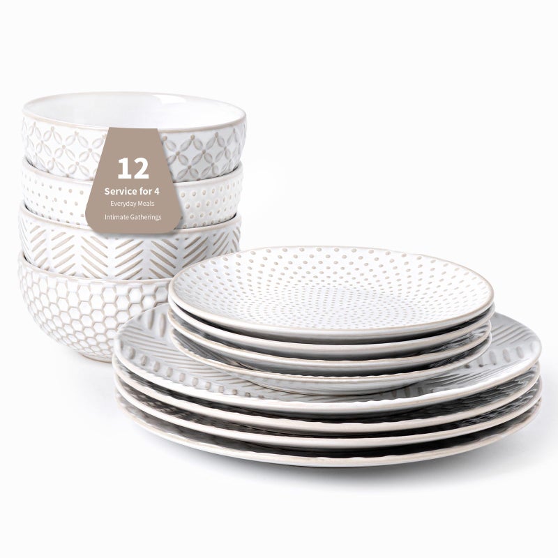 FOBENTA 12 Piece Embossed Dinnerware Sets for 4, Elegant Plates and Bowls Sets, Microwave & Dishwasher Safe, Stoneware for Stylish Home Diningâ€“Perfect Housewarming Gift for Busy Families & Hostesses - Image 1