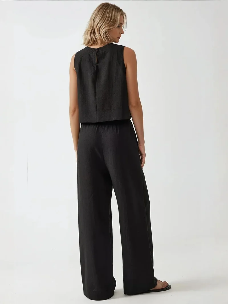 HICCUP Black Linen Feel Blouse & Elastic Waist Pants Two-Piece Coord Set for Women | Best Price UAE