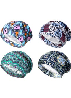 Geyoga 4 Pieces Satin Lined Sleep Cap Double Layer Silk Sleeping Bonnet Slouchy Beanie Slap Hat For Women Curly Hair(Blue Lattice Green Stripe Blue And Pink Navy)  - Image 1