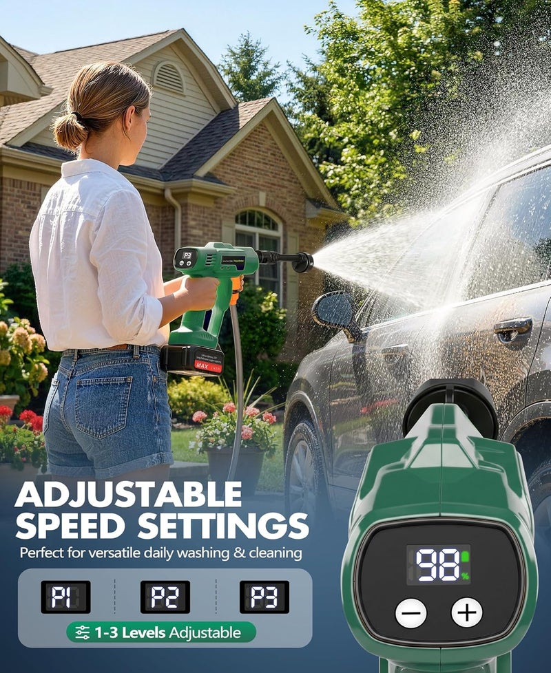 DeeprBetter Battery Pressure Washer Mobile, 600PSI Portable Pressure Washer Gun with 6-in-1 Multifunctional Nozzle, Small Pressure Washer Car with 3 Adjustable Speeds - Green - Image 4