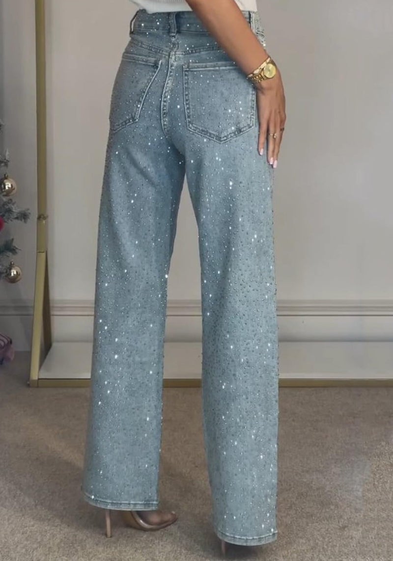 Unybwonn Women High Waist Denim Jeans Rhinestone Sparkly Trim Bling Jeans Bedazzled Plus Size Denim Pants Blue - Image 5