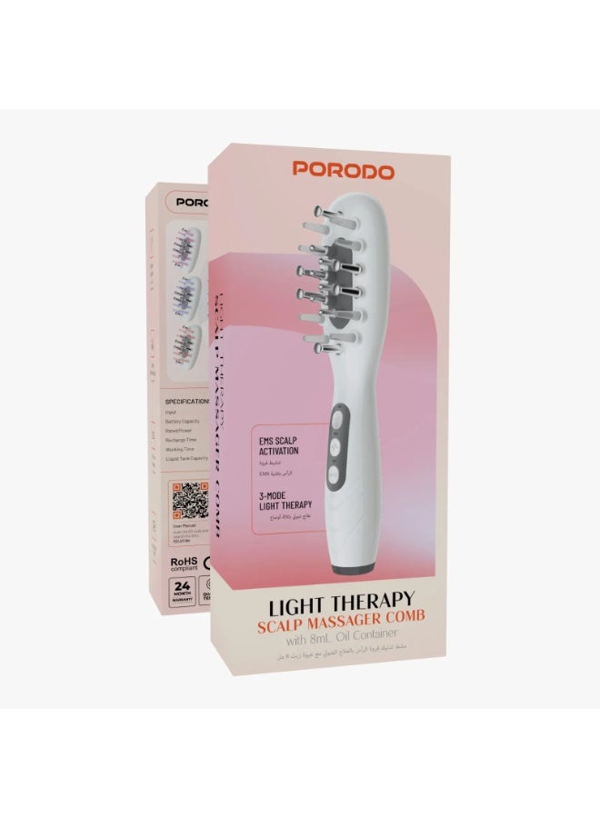 porodo Light Therapy Scalp Massager Comb with 8ml Oil Container / EMS Scalp Activation / 3-Mode LED Therapy / Vibration Massage / Type-C Fast Charging / Lightweight & Portable - White - Image 2