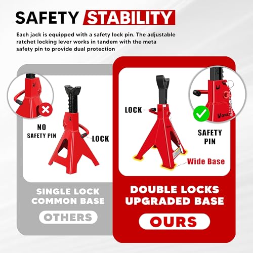 VONLX Car Jack Stands 3 Ton Adjustable Auto Floor Jackstands with Double Locking and Large Foot Base for Lifting SUVS, Heavy Duty Carbon Steel 6,000 lb Capacity 2 Pack - Image 5
