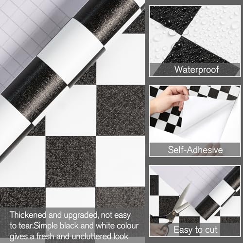 Qianglive Black and White Contact Paper Mosaic Checkered Peel and Stick Wallpaper Lattice Self Adhesive Waterproof Vinyl Roll for Bathroom Kitchen Backsplash Cabinets Shelf Liners Drawers 17.3"x80" - Image 2