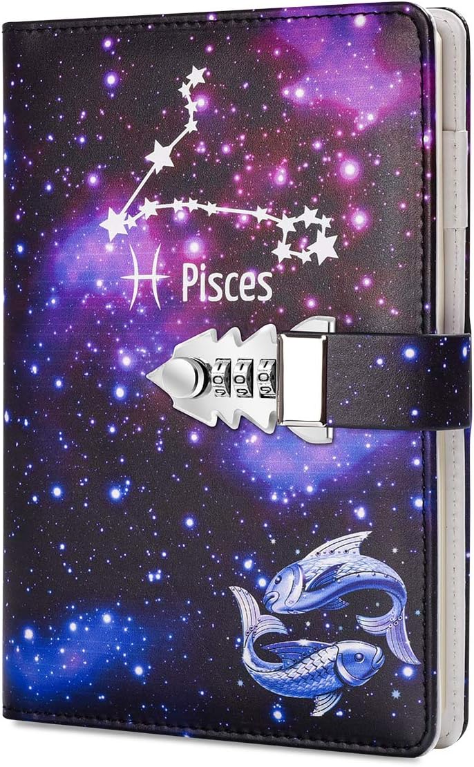 ARRLSDB A5 Creative Password Lock Journal PU Leather Combination Lock Diary Locking Diary Notepad (Pisces) - Image 1