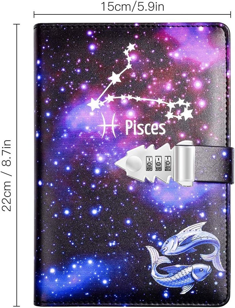 ARRLSDB A5 Creative Password Lock Journal PU Leather Combination Lock Diary Locking Diary Notepad (Pisces) - Image 2