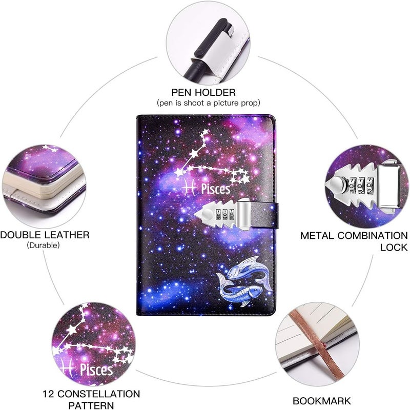 ARRLSDB A5 Creative Password Lock Journal PU Leather Combination Lock Diary Locking Diary Notepad (Pisces) - Image 5