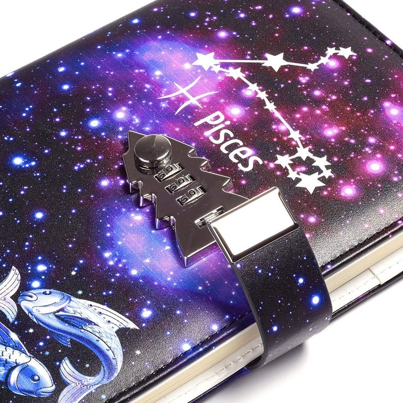 ARRLSDB A5 Creative Password Lock Journal PU Leather Combination Lock Diary Locking Diary Notepad (Pisces) - Image 3