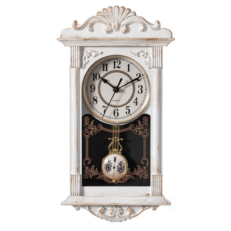 Clockswise Clockswise Vintage Grandfather WoodLooking Plastic Pendulum Decorative BatteryOperated Wall Clock Brown for Office Home Decor Living Room Kitchen or Dining Room White