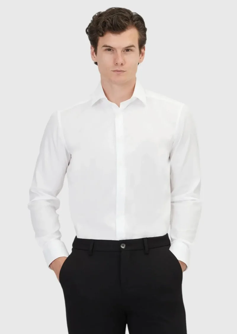 RAMSEY White Plain Regular Fit Weaving Classical 100% Cotton Shirt