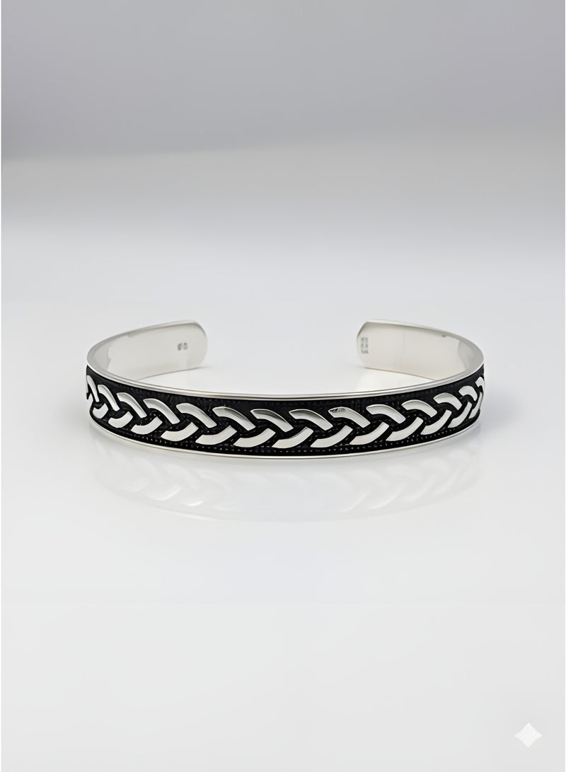 FINE SILVER 925 Sterling Silver Men's Cuff Bracelet with Elegant Braided Rope Woven Design - Image 1
