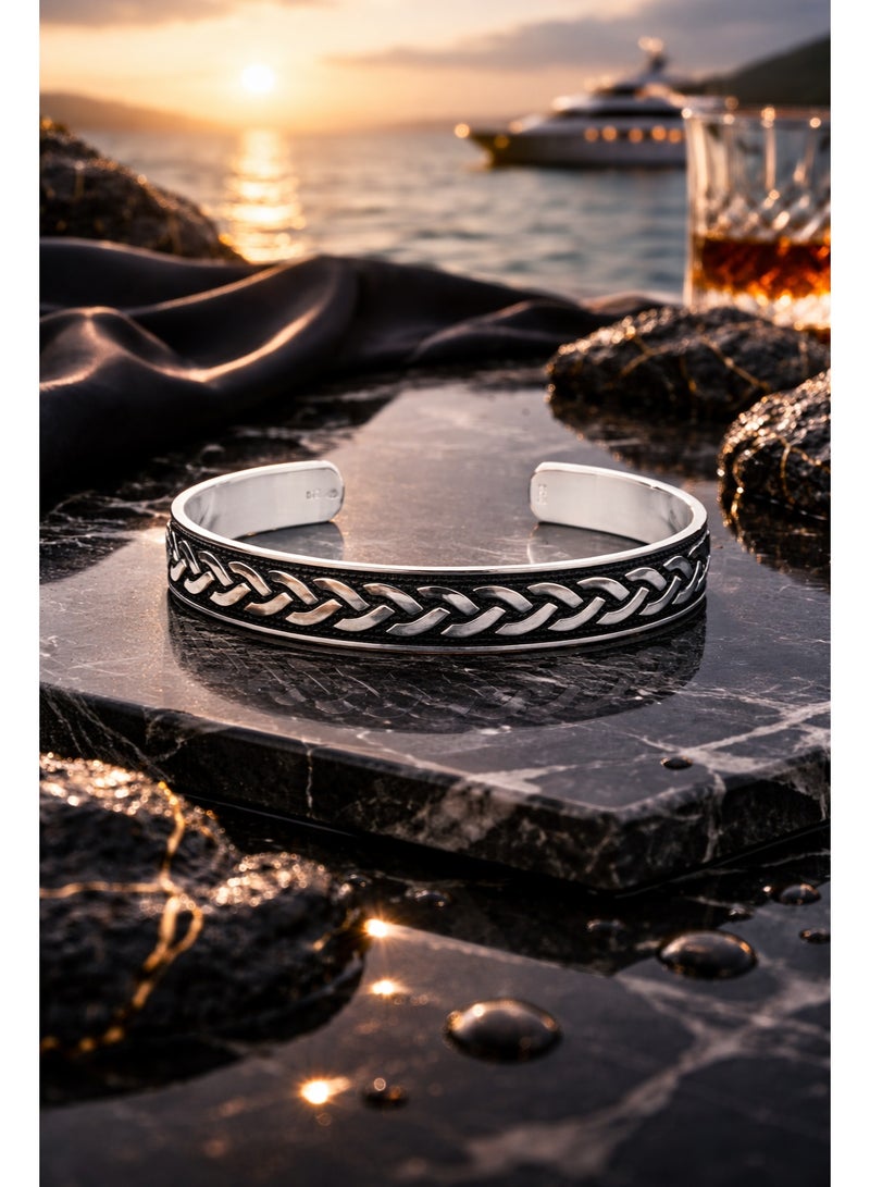 FINE SILVER 925 Sterling Silver Men's Cuff Bracelet with Elegant Braided Rope Woven Design - Image 4