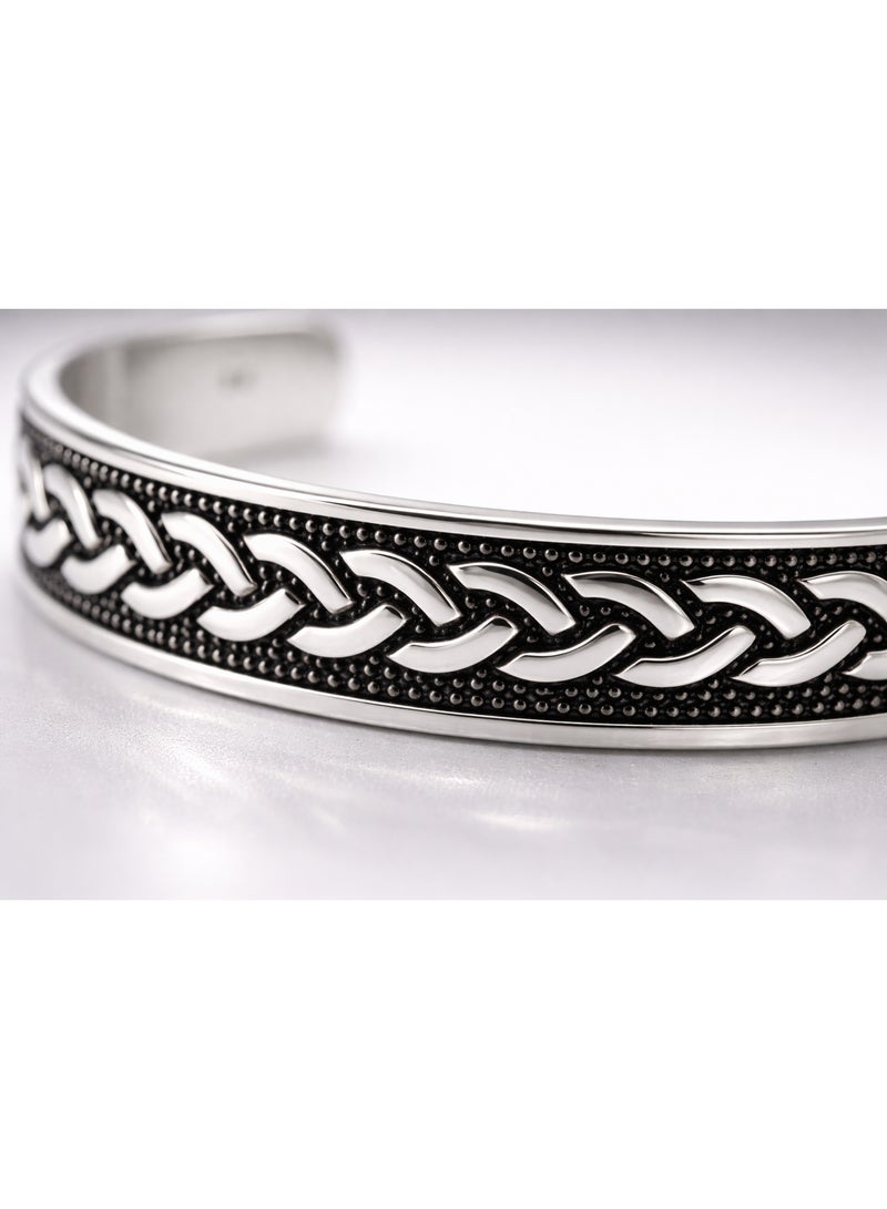 FINE SILVER 925 Sterling Silver Men's Cuff Bracelet with Elegant Braided Rope Woven Design - Image 2