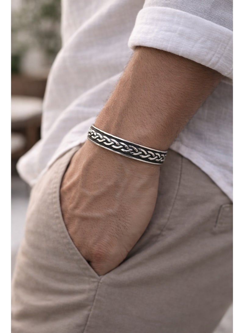 FINE SILVER 925 Sterling Silver Men's Cuff Bracelet with Elegant Braided Rope Woven Design - Image 3