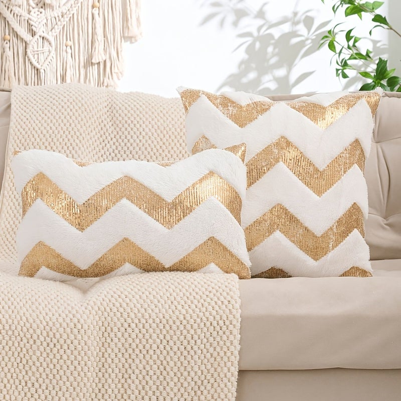 Golden Embroidered Wave Pillowcase 18x18 Inch Plush Home Decor - Image 1
