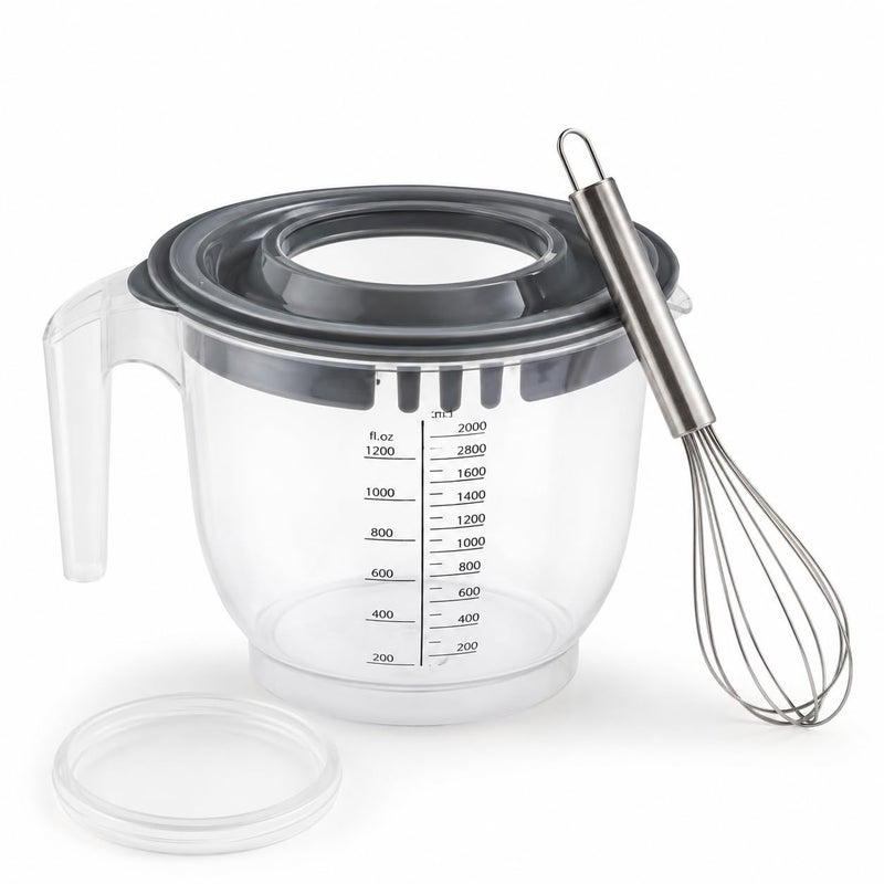 PP5 Plastic Mixing Bowl Jug with Handle and Lid, 2.2L Kitchen Measuring Container for Baking, Cooking, Mixing and Meal Prep - Image 1