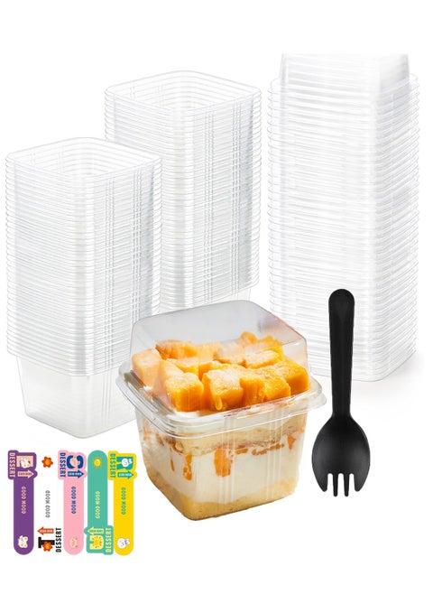 50pcs Dessert Cups 8 oz Square Plastic Dessert Cups with Lids and forks, Clear Plastic Yogurt Parfait Cups Cake Cups for Mousse, Fruit, Banana Pudding Cups