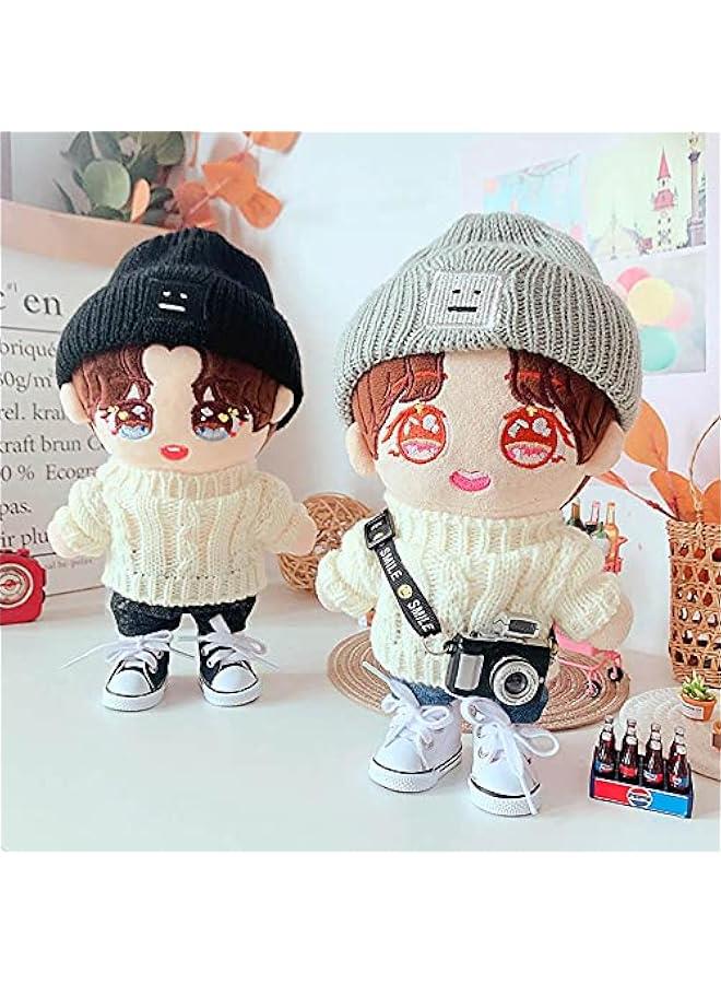 Doll Clothes Suit 7.8in/20cm Plush Doll Clothes Hat + Sweater + Shorts 3-Piece Set Doll Dressup Square Face Hat Denim Shorts White Sweater (Black)  - Image 3