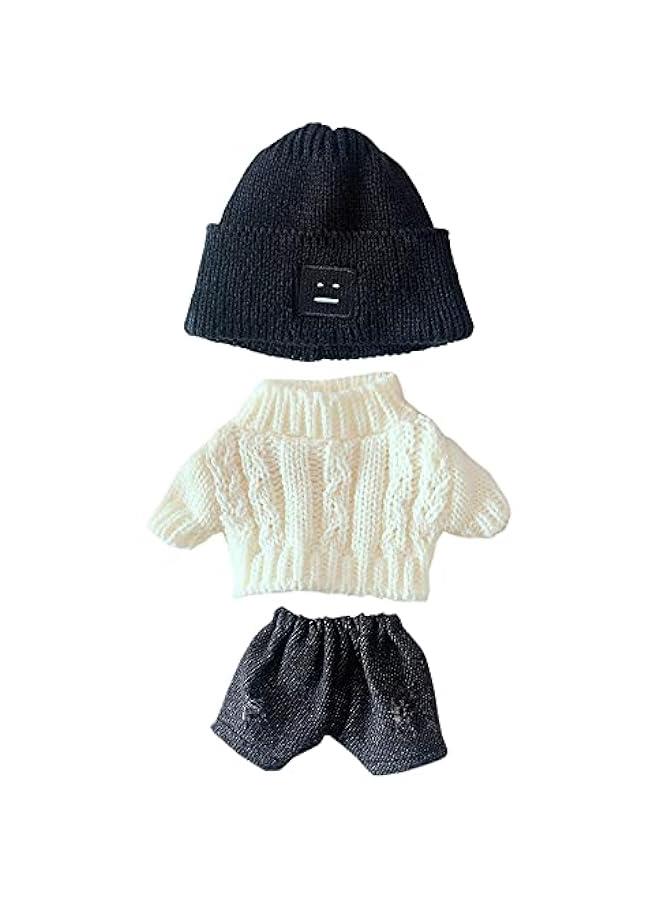 Doll Clothes Suit 7.8in/20cm Plush Doll Clothes Hat + Sweater + Shorts 3-Piece Set Doll Dressup Square Face Hat Denim Shorts White Sweater (Black)  - Image 1