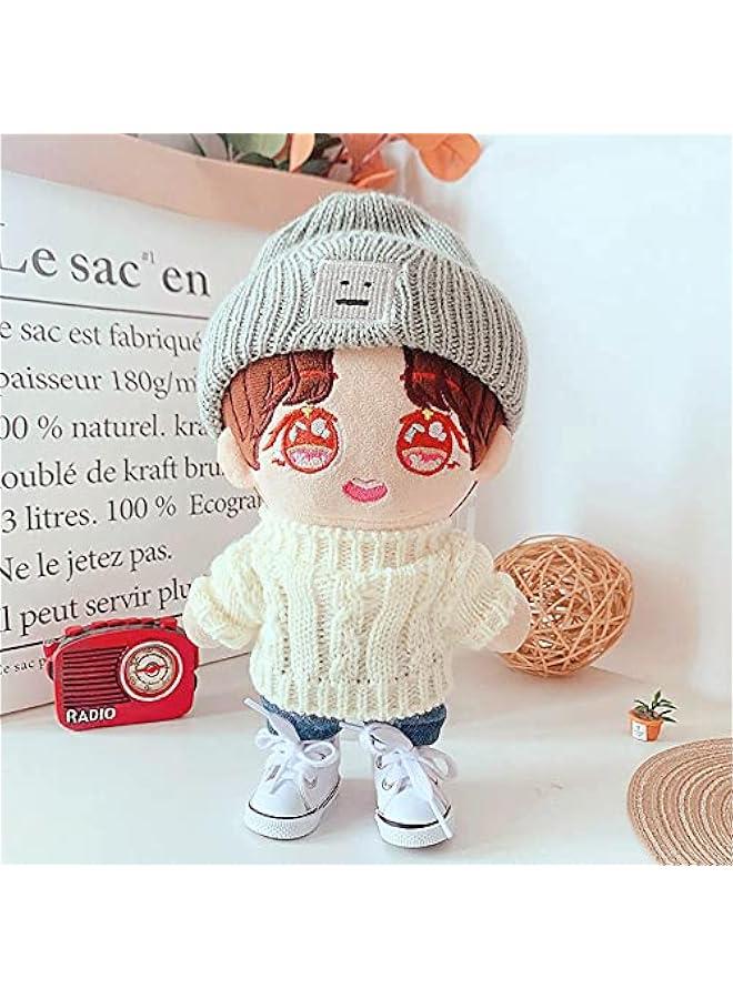 Doll Clothes Suit 7.8in/20cm Plush Doll Clothes Hat + Sweater + Shorts 3-Piece Set Doll Dressup Square Face Hat Denim Shorts White Sweater (Black)  - Image 4