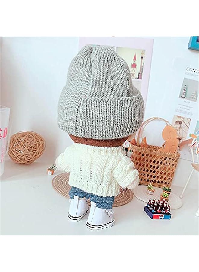 Doll Clothes Suit 7.8in/20cm Plush Doll Clothes Hat + Sweater + Shorts 3-Piece Set Doll Dressup Square Face Hat Denim Shorts White Sweater (Black)  - Image 5