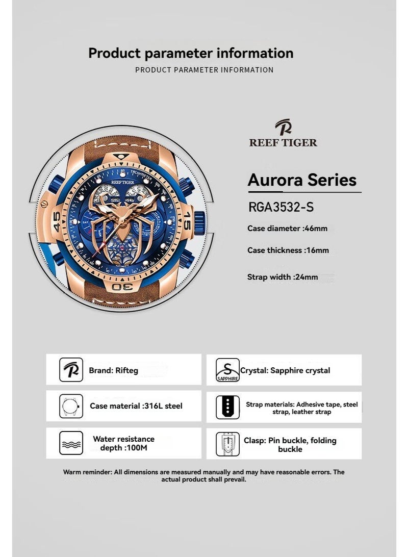 REEF TIGER high-end brand watch, fully automatic mechanical men's watch, fashionable waterproof night light large dial watch - Image 4