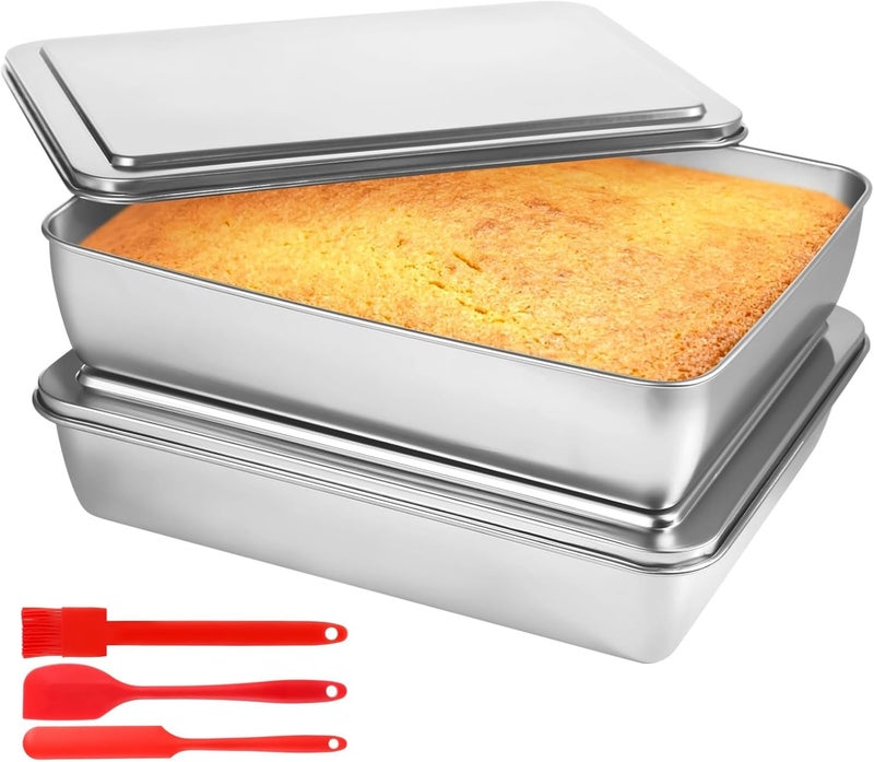 Bread Loaf Non-Stick Baking Trays, 2 Pcs Steel Stainless Cake Pans With Lids, Rectangle Baking Bakeware For Vegetables, Breads, Meats - Image 1