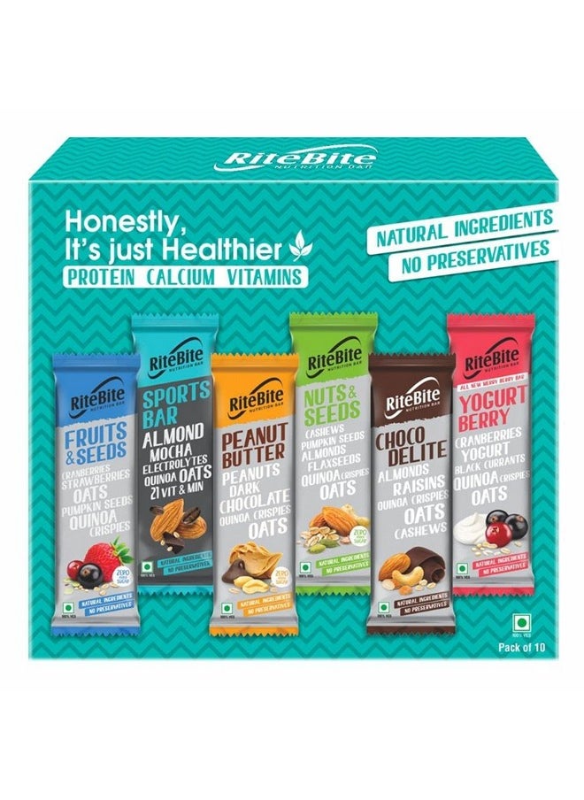RiteBite Max Protein Assorted (Fruits & Seeds, Sports Bar, Peanut Butter, Nuts & Seeds, Choco Delite, Yogurt Berry) Nutrition Bar With Quinoa Oats | No Cholesterol & Trans Fat Snack Bar, 35G (Pack Of 10)  - Image 1