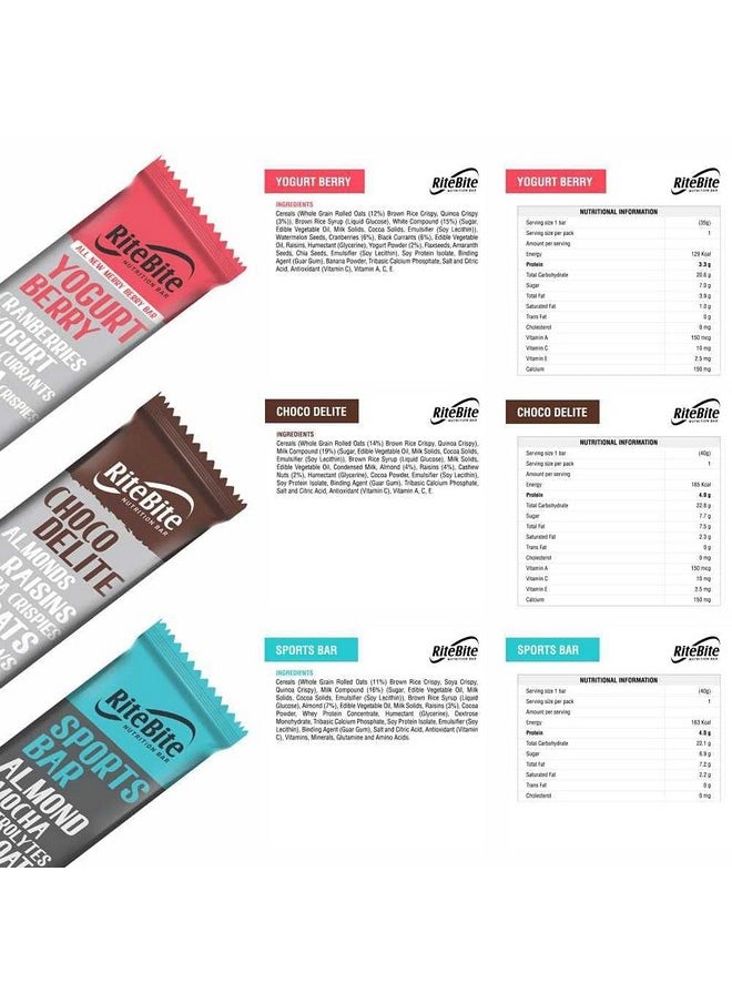 RiteBite Max Protein Assorted (Fruits & Seeds, Sports Bar, Peanut Butter, Nuts & Seeds, Choco Delite, Yogurt Berry) Nutrition Bar With Quinoa Oats | No Cholesterol & Trans Fat Snack Bar, 35G (Pack Of 10)  - Image 3
