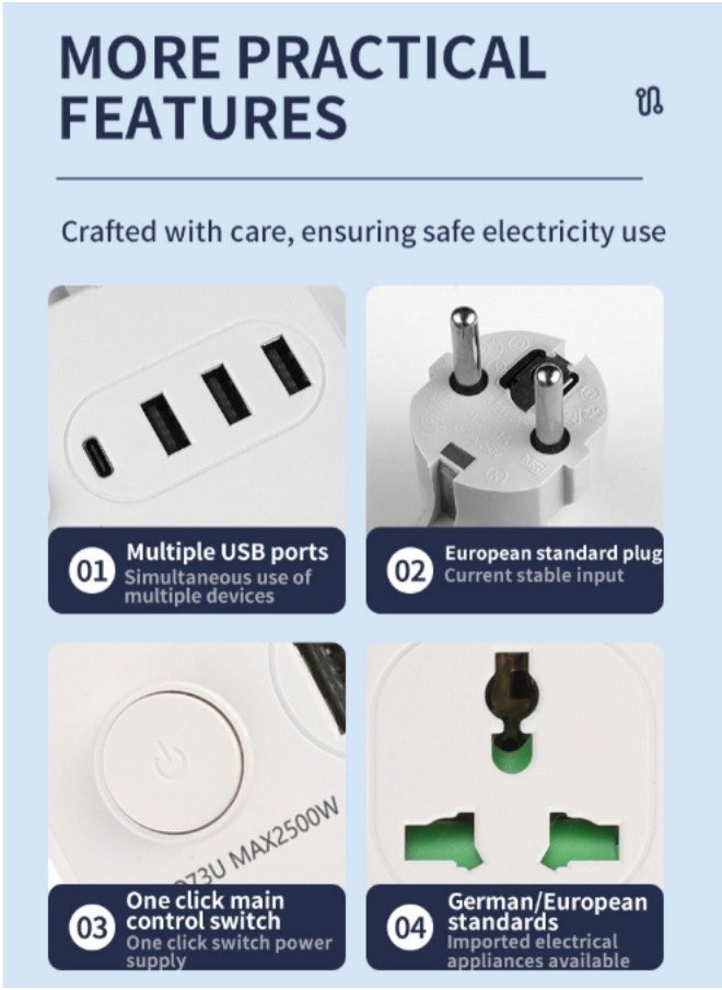 Generic Universal Extension Lead with USB Ports 6 Way Outlets 3 USB 1PDPorts Surge Protection UK Socket with 2M Bold Extension Cord with Fuse and Shutter Power Strips Universal Socket  - Image 3