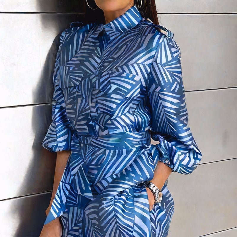 Fashion Women Printed Long Sleeve Top Straight Leg Pants Two Piece Set - Image 1