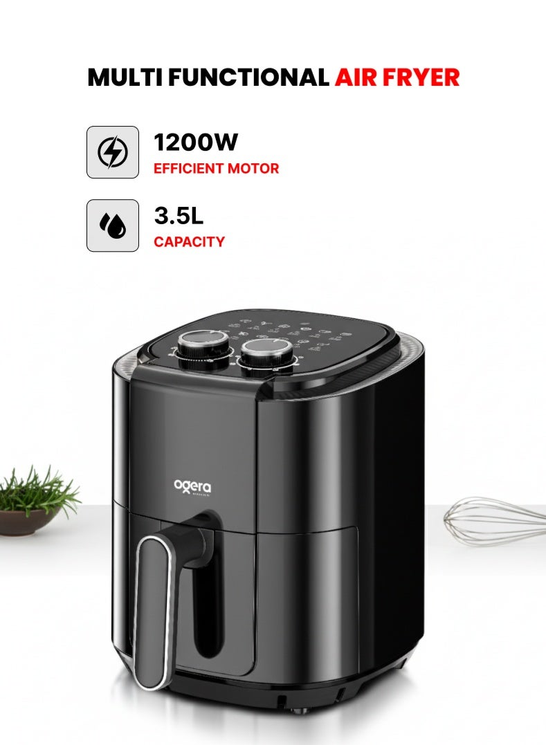 أوجيرا قلاية هوائية ميكانيكية بسعة 3.5 لتر – 1200 واط للطبخ الصحي بدون زيت | قدر ورف غير لاصق | تحكم بالوقت والحرارة | مؤقت 60 دقيقة | تصميم سهل التنظيف | ضمان سنتين – أسود - Image 1