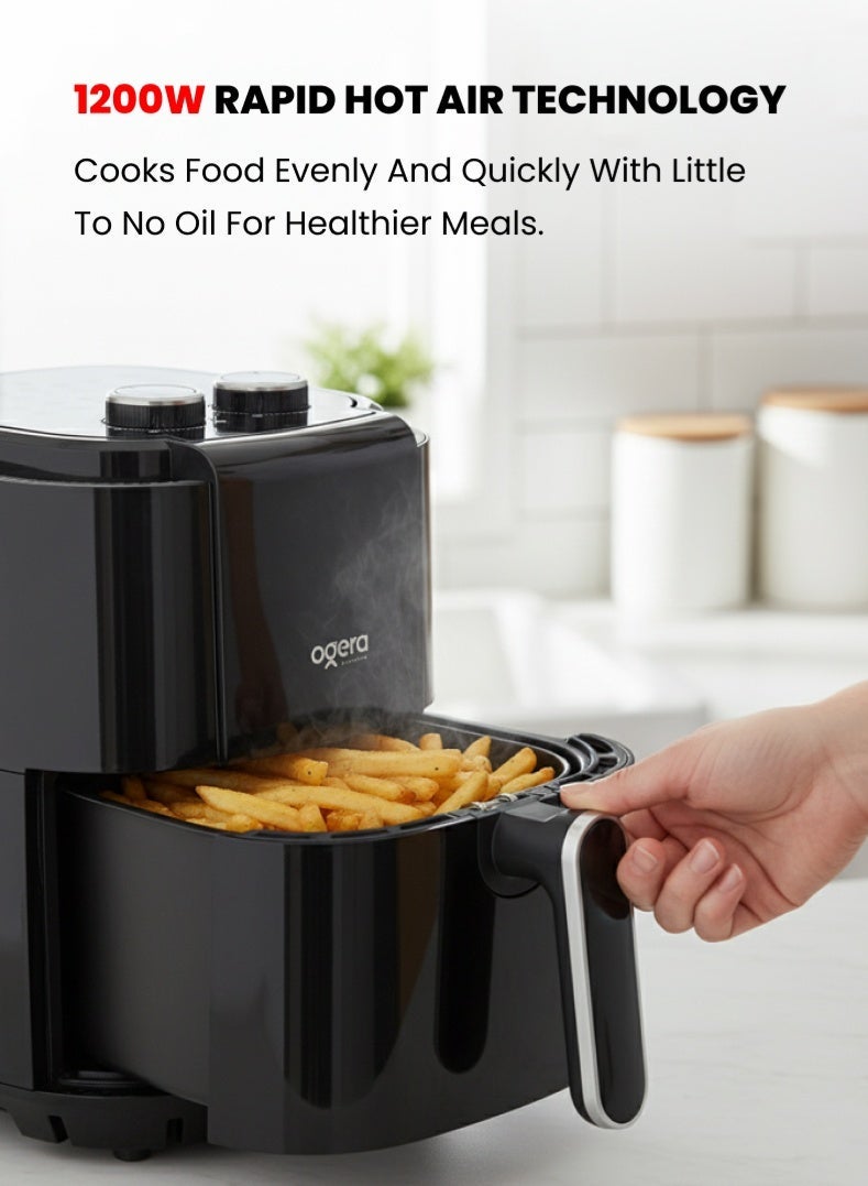 أوجيرا قلاية هوائية ميكانيكية بسعة 3.5 لتر – 1200 واط للطبخ الصحي بدون زيت | قدر ورف غير لاصق | تحكم بالوقت والحرارة | مؤقت 60 دقيقة | تصميم سهل التنظيف | ضمان سنتين – أسود - Image 2