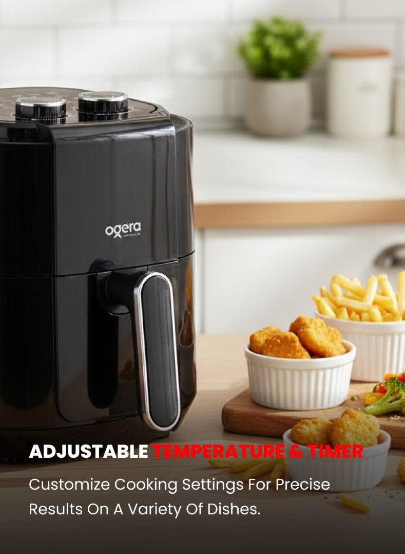 أوجيرا قلاية هوائية ميكانيكية بسعة 3.5 لتر – 1200 واط للطبخ الصحي بدون زيت | قدر ورف غير لاصق | تحكم بالوقت والحرارة | مؤقت 60 دقيقة | تصميم سهل التنظيف | ضمان سنتين – أسود - Image 3
