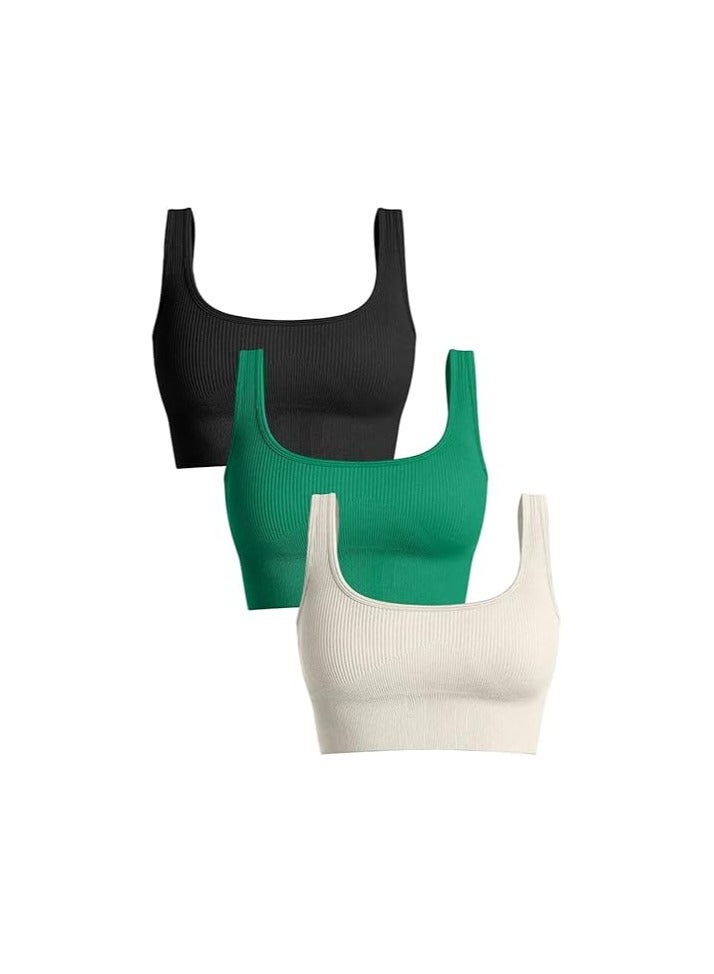 Women's 3 Piece Medium Support Tank Top Ribbed Seamless Removable Cups Workout Exercise Sport Bra