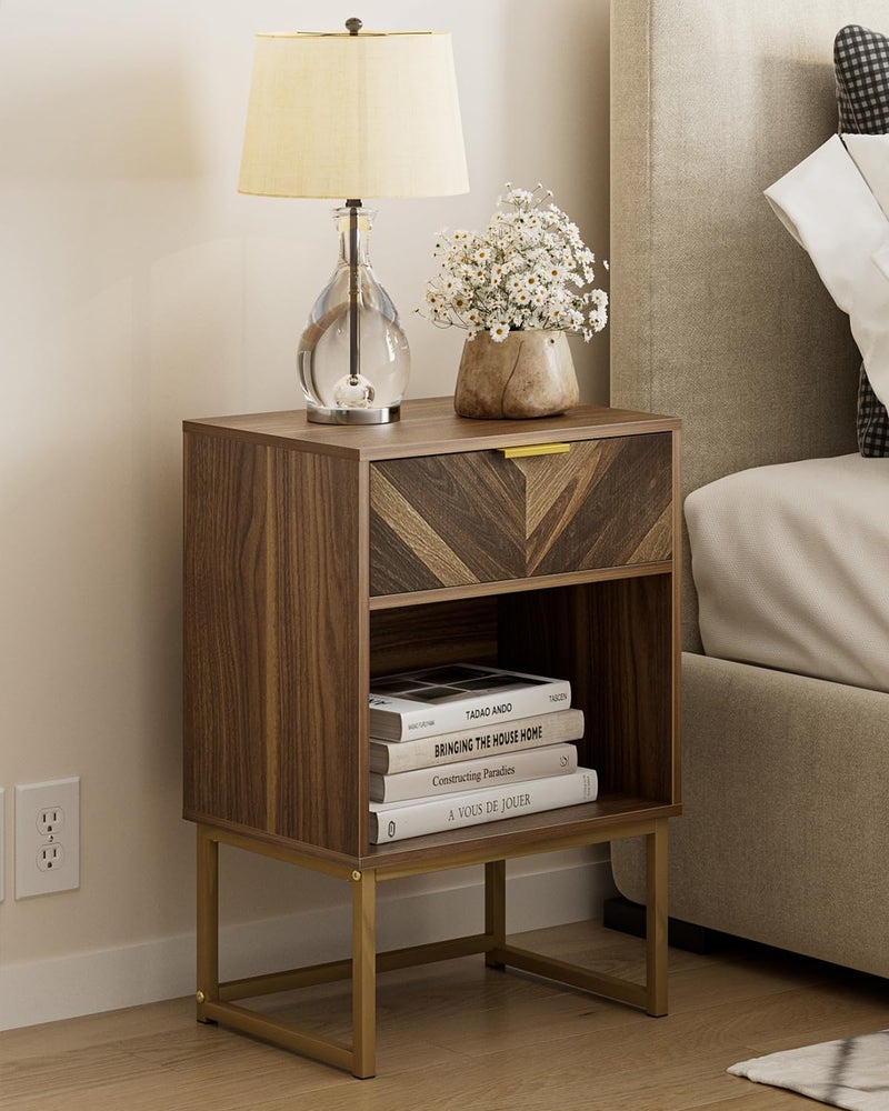 Masupu Nightstand,Modern Night Stand Boho Farmhouse Wood Bedside Table with Storage Drawer Side End Table for Bedroom,Living Room,Office,Walnut Brown - Image 1