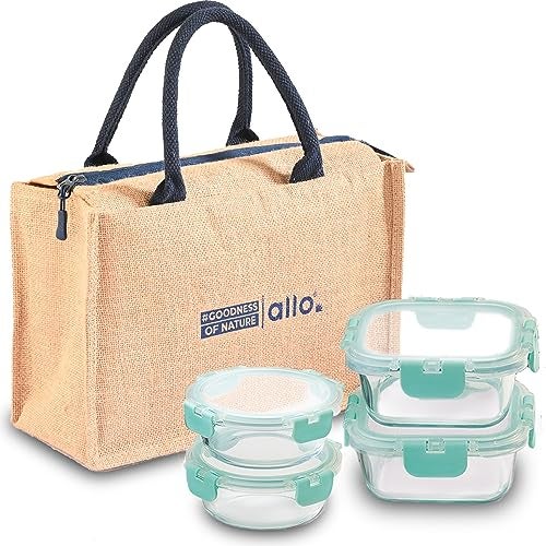 Allo Food Safe Glass Lunch Box With Break Free Detachable Lock, 450°C Microwave Safe Lunch Box, Borosilicate Glass Tiffin For Office With Jute Tiffin Bag, Set Of 4, 215Ml X 2 & 310Ml X 2, Beige - Image 1
