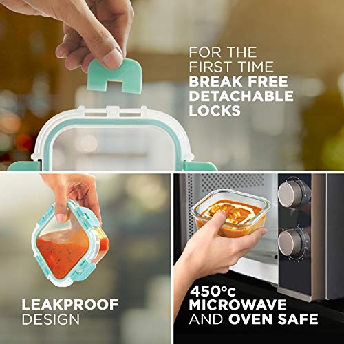 Allo Food Safe Glass Lunch Box With Break Free Detachable Lock, 450°C Microwave Safe Lunch Box, Borosilicate Glass Tiffin For Office With Jute Tiffin Bag, Set Of 4, 215Ml X 2 & 310Ml X 2, Beige - Image 3