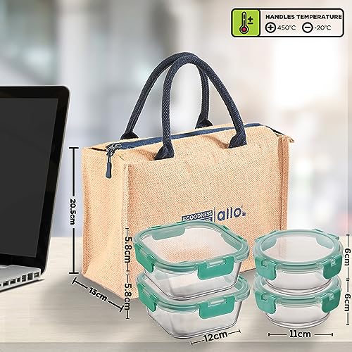 Allo Food Safe Glass Lunch Box With Break Free Detachable Lock, 450°C Microwave Safe Lunch Box, Borosilicate Glass Tiffin For Office With Jute Tiffin Bag, Set Of 4, 215Ml X 2 & 310Ml X 2, Beige - Image 2