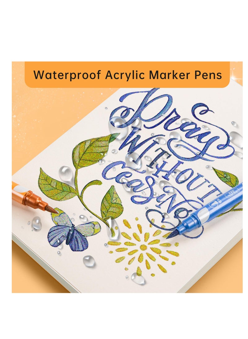 Metallic Acrylic Paint Markers Pen Set, Fine Flexible Brush Dual Tips Marker Pens, Fine Tip Paint Pens, Art Crafting Supplies for Painting on Stone, Glass, Canvas, Wood