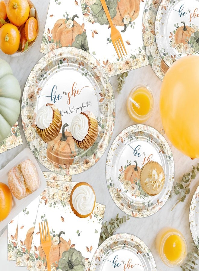 Lecheme Fall Gender Reveal Decorations: Fall Pumpkin Gender Reveal Plates and Napkins, Tablecloth He or She What Will Our Little Pumpkin Be Party Supplies Serve 24 - Image 5
