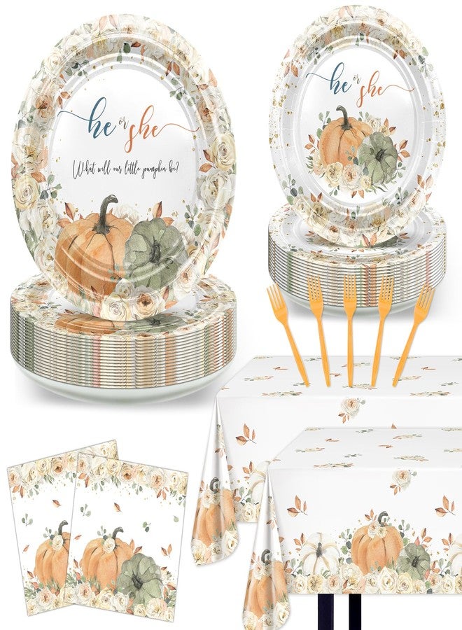 Lecheme Fall Gender Reveal Decorations: Fall Pumpkin Gender Reveal Plates and Napkins, Tablecloth He or She What Will Our Little Pumpkin Be Party Supplies Serve 24 - Image 1