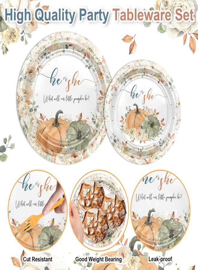 Lecheme Fall Gender Reveal Decorations: Fall Pumpkin Gender Reveal Plates and Napkins, Tablecloth He or She What Will Our Little Pumpkin Be Party Supplies Serve 24 - Image 4