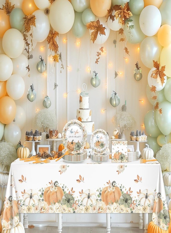 Lecheme Fall Gender Reveal Decorations: Fall Pumpkin Gender Reveal Plates and Napkins, Tablecloth He or She What Will Our Little Pumpkin Be Party Supplies Serve 24 - Image 3